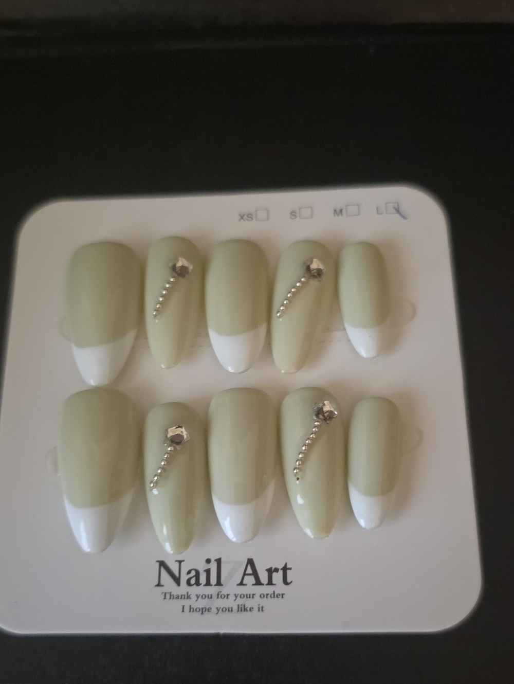 Light Sage Green French Tip Press-On Nails with Rhinestone Accent Large 1 Set